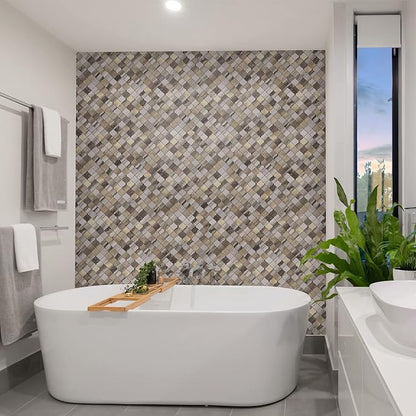 STICKGOO Arabesque Peel and Stick Backsplash Tile, Stick on Backsplash for Kitchen and Bathroom, Gold Wood Grain Marble Look PVC Mixed Metal Aluminum Mosaic Tiles(10 Sheets)