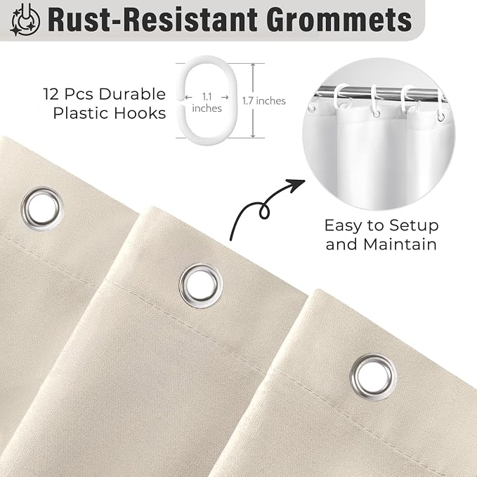 Seasonwood Beige Ruffle Shower Curtain Neutral Shower Curtain 72 x 78 | Natural button accents, layered fabric tiers, shabby chic and French country styling for decorative bathroom updates