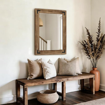 AMOISE Farmhouse Bathroom Vanity Mirror 32"x24" Vintage Rustic Wall Mirror | Wood Frame, Over Sink Mirror for Bathroom, Entryway, Bedroom, Living Room, Vertical or Horizontal Hanging