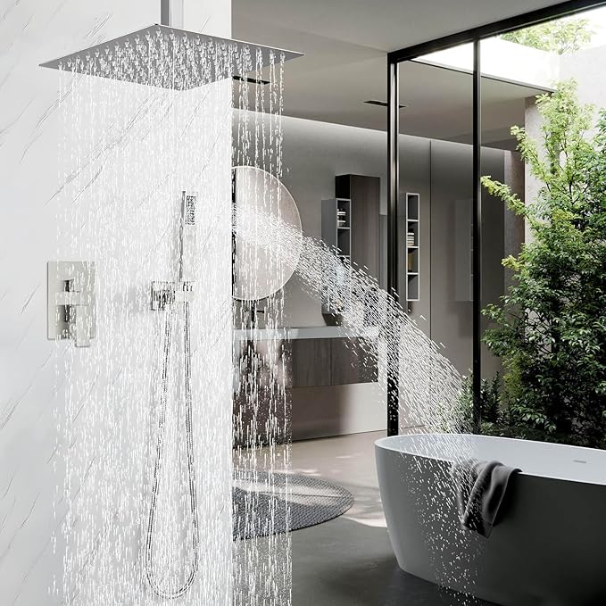 Shower Faucet Set Brushed Nickel Rain Shower System with High Pressure 12 Inches Rain Shower Head and Handheld Spray Bathroom Luxury Rain Mixer Shower Complete Combo Set Ceiling Mounted
