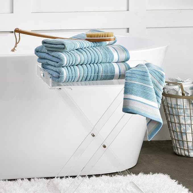 SKL Home Seabrook Stripe Bath Towel Set-4pc, Premium 100% Cotton, Teal | 550 GSM weight. Spa-level quality. Soft & absorbent with a textured jacquard pattern.