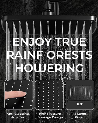 Shower Head with Handheld,High Pressure Black Slide Bar Shower Head | Regaderas Para Shower,11.8" Rectangular,Shower Head,Dual Shower Head,Bathroom Decor,Extension Arm,5 Spray Mode