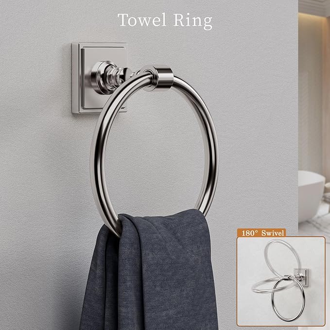 VEHCIL Brushed Nickel Bathroom Accessories Set, 5-Piece Bathroom Hardware Set, 24 Inch Towel Bar, SUS304 Stainless Steel, Towel Racks for Bathroom Wall Mounted Towel Ring Toilet Paper Holder Hooks