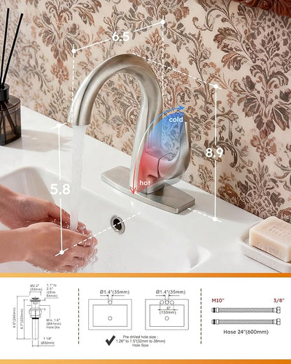 WOWOW Single Handle Bathroom Faucet, 1 Hole, High Arc, Brushed Nickel, Pop-up Drain, Solid Brass, Commercial Bathroom Sink Faucet, Basin Vanity Bar Faucet