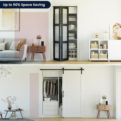 Bifold Doors for 56" x 80" Opening,Tempered Frosted Glass,Black | Closet Folding Doors with Hardware kit Included, Easy Assembly for Pantry Closet,Water-Proof PVC Surface