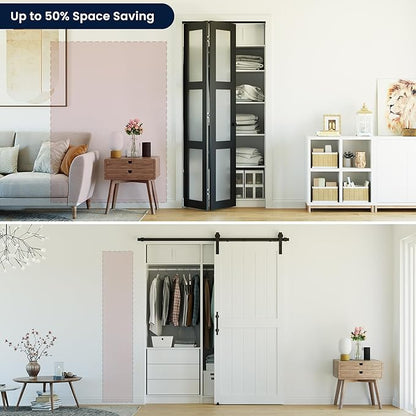 Bifold Doors for 36" x 80" Opening,Tempered Frosted Glass,Black | Closet Folding Doors with Hardware kit Included, Easy Assembly for Pantry Closet,Water-Proof PVC Surface