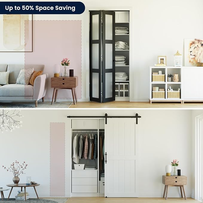 Bifold Doors for 60" x 80" Opening,Tempered Frosted Glass,Black | Closet Folding Doors with Hardware kit Included, Easy Assembly for Pantry Closet,Water-Proof PVC Surface