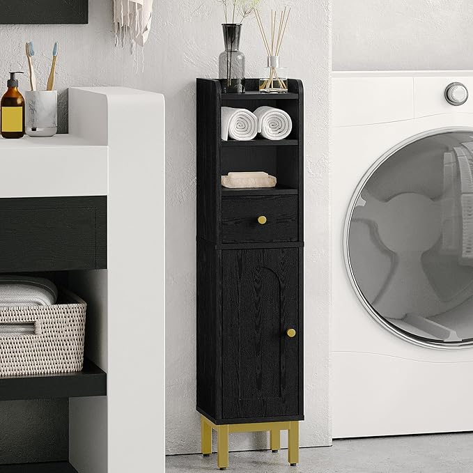 Bathroom Storage Cabinet, Corner Floor Cabinet with Drawers and Doors, Narrow Toilet Paper Holder, Bathroom Organizer with Adjustable Shelf, for Small Spaces, Black, BC19804GV1