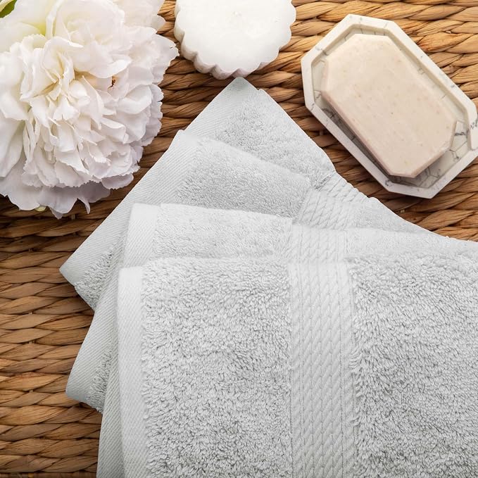 SUPERIOR Egyptian Cotton Plush & Absorbent, Hand Towel Set of 4, Silver | Quick Dry, Soft Luxury Towel Set, Bath Essentials for Bathroom, Guest Bath, Spa, 4 Piece Set, Madeline Towels