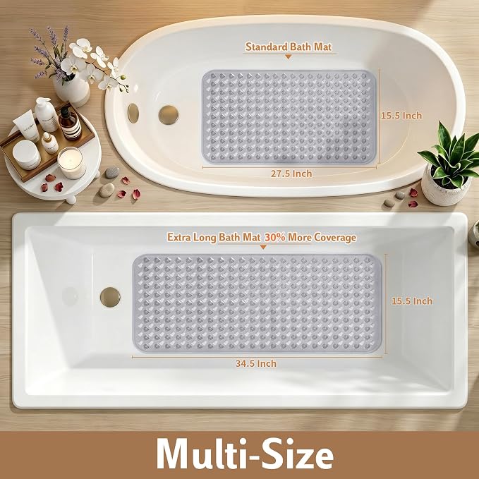 Yimobra Bathtub Mat Non Slip, 35"X16" Shower Mat with Strong Suction Cups & Drain Holes, Long Anti Slip Bath Tub Mat for Inside Shower, Machine Washable Fast Drying, Bathroom Essentials,Clear Gray