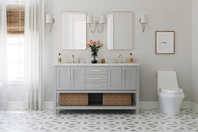 ARIEL Magnolia 60-inch Bathroom Vanity Base Cabinet,Solid Wood, 4 Soft Closing Doors, 3 Dovetail Drawers, Brushed Nickel, Grey