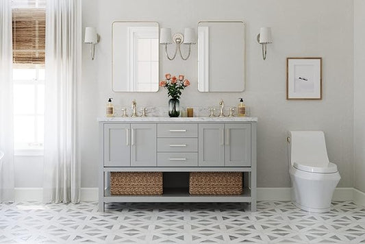 ARIEL Magnolia 60-inch Bathroom Vanity Base Cabinet,Solid Wood, 4 Soft Closing Doors, 3 Dovetail Drawers, Brushed Nickel, Grey
