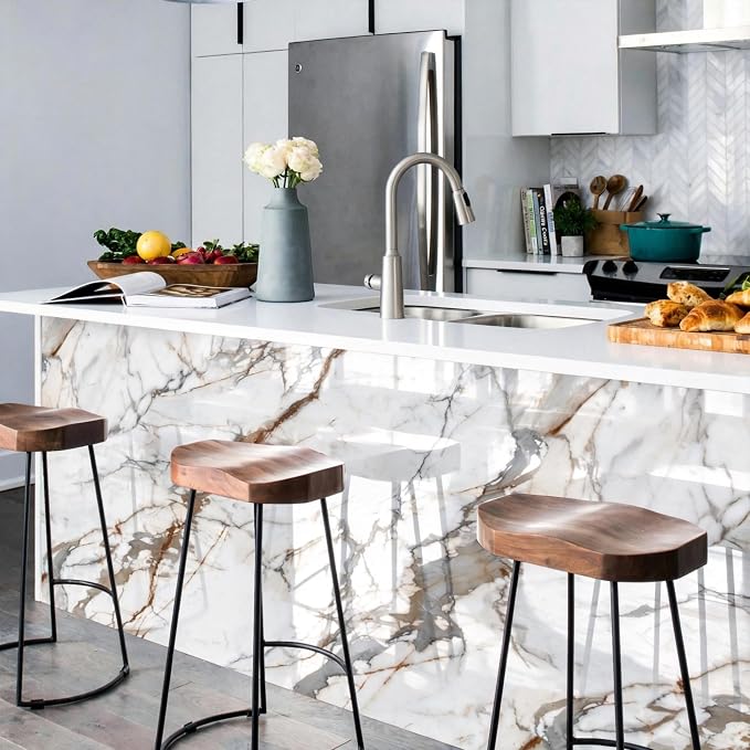 Marble Peel and Stick Waterproof Wall Paneling, 118" x 47" Calacatta Gold Glossy Finish Self-Adhesive Backsplash Tile Vinyl Wall Panel for Kitchen Bathroom Wall Decor, Covers 38.75 Sq. Ft.