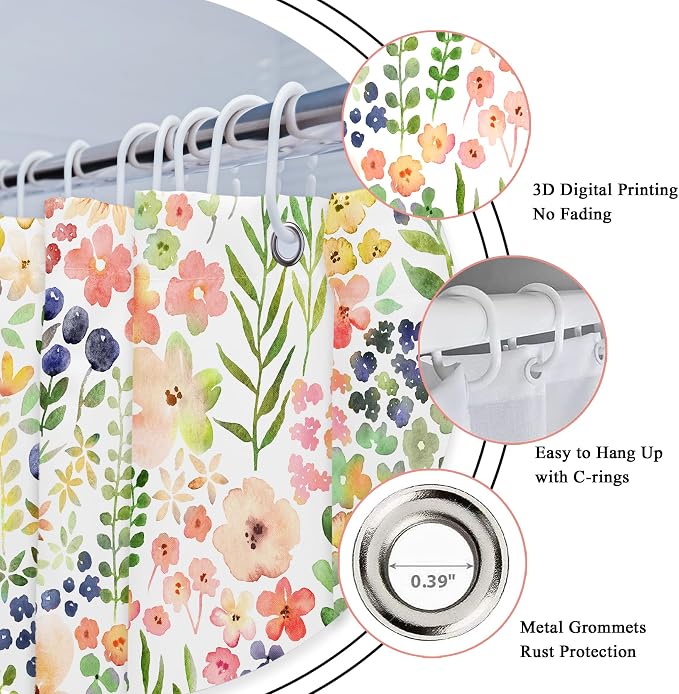 Small Stall Green Yellow Floral Narrow Colorful Bathroom Shower Curtain Set | 36"W x 72"H Flower Spring; waterproof HD print, quick-dry fabric with 12 hooks for easy hanging.