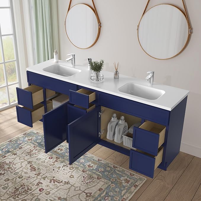 HomeBeyond 84 Inches Bathroom Vanity Base Cabinet Without Sink, Double Sink Top with Door & Soft Closing Drawers, Sturdy Floor Mounted Cabinet 2-Door 7-Drawer, Blue