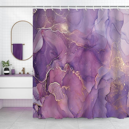 Purple Marble Shower Curtain Lavender Gold Modern Abstract Ombre Watercolor Ink Art Bathroom Curtains Waterproof Polyester Fabric Bath Curtain 72 x 72 Inch with 12 Hooks