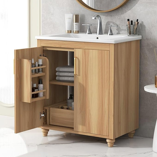 LUMISOL 30" Bathroom Vanity with Sink, Small Single Bathroom Vanity with Drawer and Soft-Close Doors, Storage Racks, Wooden Freestanding Bathroom Cabinet with Ceramic Sink, Natural