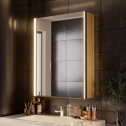 28x20 LED Lighted Bathroom Medicine Mirror Cabinet with Sockets & USBs, Anti-Fog Dimmable Light and Color Adjustment, Easy to Install, Moisture-Resistant Wood, Oak