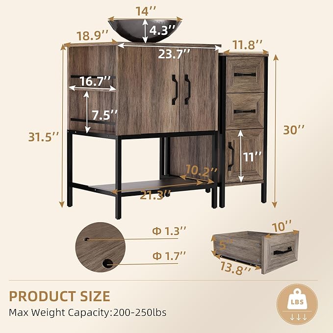 VNN Bathroom Vanity with Sink - 36 Inch Bathroom Vanity with Sink, Open Shelves and 3 Storage Drawers Side Cabinet, Modern Iron Wood Cabinet with Countertop Tempered Glass Vessel, Grey