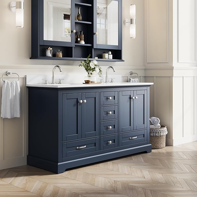 WELLFOR 60" Bathroom Vanity with Double Sinks, Bathroom Freestanding Vanity W/4 Soft-Close Doors and 6 Drawers, Large Storage Space Vanity, Bathroom Vanity with Cultured Marble Countertop (Navy Blue)