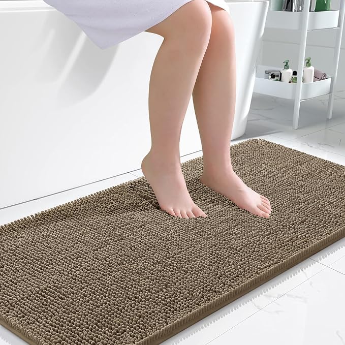 OLANLY Bathroom Runner Rugs 47x24, Extra Soft Absorbent Chenille Bath Rugs | Tan, Quick-Drying Rubber Backing, Machine Washable Long Bath Mat for Bathroom Floor, Tub and Shower, Home Decor Accessories