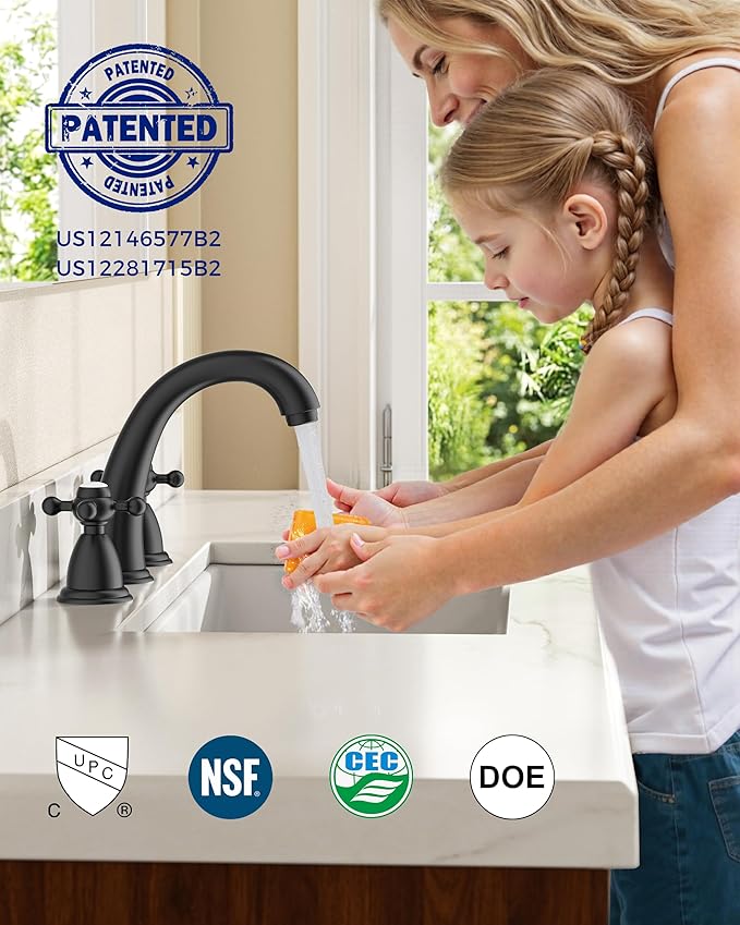 FORIOUS Bathroom Sink Faucet 8 Inch, Matte Black Bathroom Faucet 3 Hole with Pop Up Drain and Water Hose Supply, 2 Crosse Handle Design,for Vanity RV Farmhouse Sink