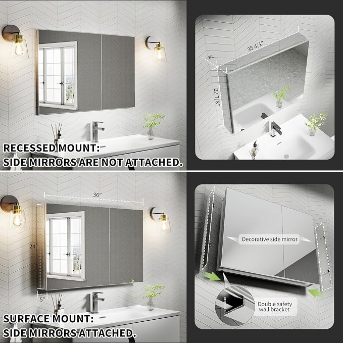 36x24 Inch Recessed Medicine Cabinet with Mirror, Aluminum Medicine Cabinet Mirror, Recessed or Surface Mount with 2 Adjustable Shelves Storage Organizer, Pre-Assembled Door, Soft-Closed System