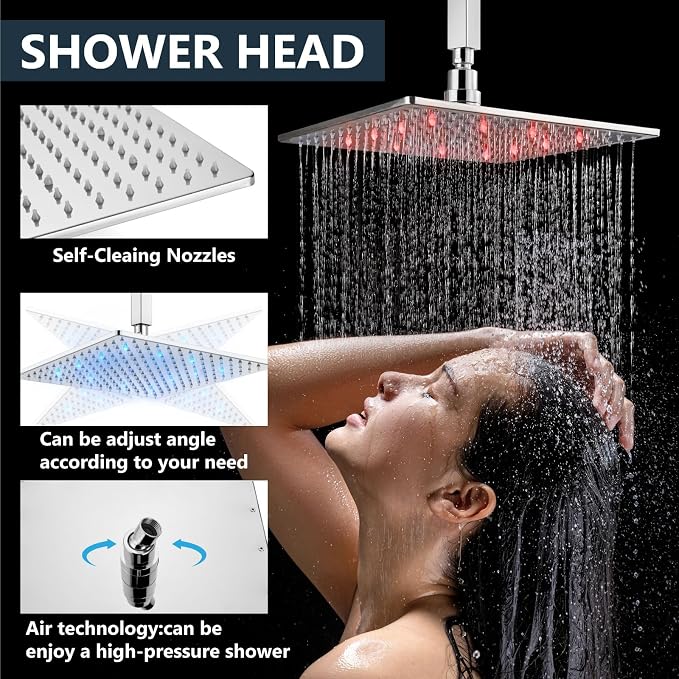 Aolemi Ceiling Shower Faucet Set with Handheld 12" LED Head Polish Chrome | Handheld Spray,12 Inch Rain LED Head,Shower Valve and Trim Kit,All Metal,Ceiling System,Bathroom Mixer