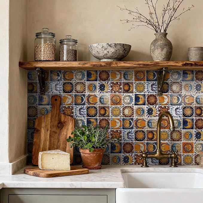 24PCS Sun Moon Talavera Style Tile Stickers 6x6in | Peel and Stick Waterproof Backsplash Tiles for Kitchen Bathroom DIY Decor