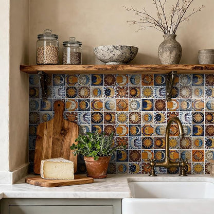 24PCS Sun Moon Talavera Style Tile Stickers 6x6in | Peel and Stick Waterproof Backsplash Tiles for Kitchen Bathroom DIY Decor