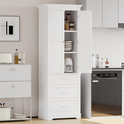 Merax 70" Pantry Cabinet with Two Doors & Three Drawer, Adjustable Shelves Storage Cupboard for Kitchen/Dining Room/Bathroom, White