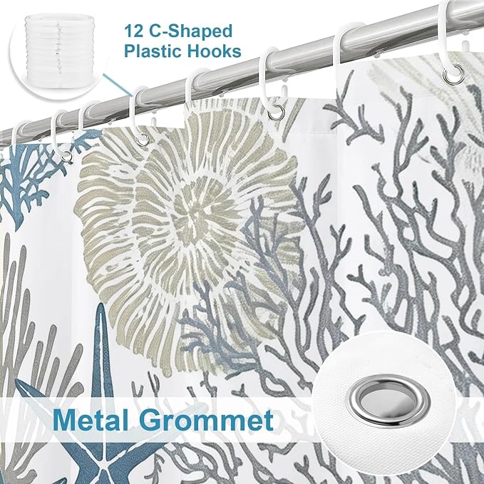 Modern Ocean Rustic Shower Curtain, Coastal Summer Aesthetic Unique Seashell Shower Curtains for Bathroom, Waterproof Bath Curtain with Hooks Machine Washable Bathtub Curtains 72x72 Inch Blue