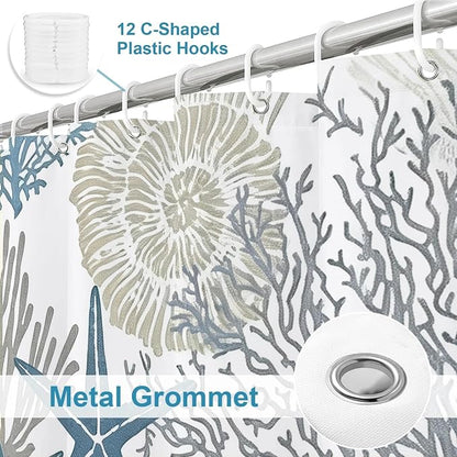 Modern Ocean Rustic Shower Curtain, Coastal Summer Aesthetic Unique Seashell Shower Curtains for Bathroom, Waterproof Bath Curtain with Hooks Machine Washable Bathtub Curtains 72x72 Inch Blue