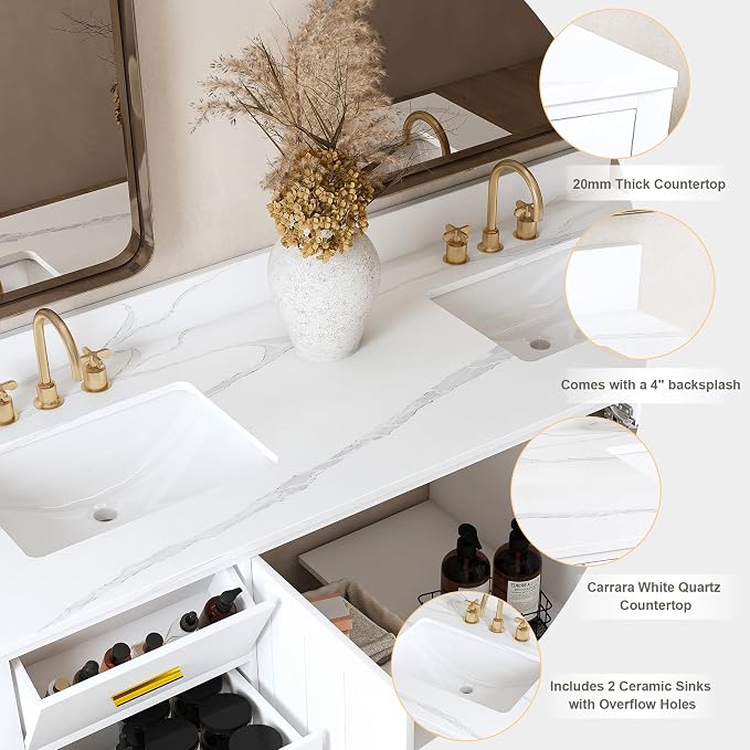 60 Inch Bathroom Vanity with Double Sink&Countertop,Carrara White Quartz Counter Top with Sink&Backsplash,White Bathroom Cabinet Set with 2 Doors and 9 Drawer(Three Holes)