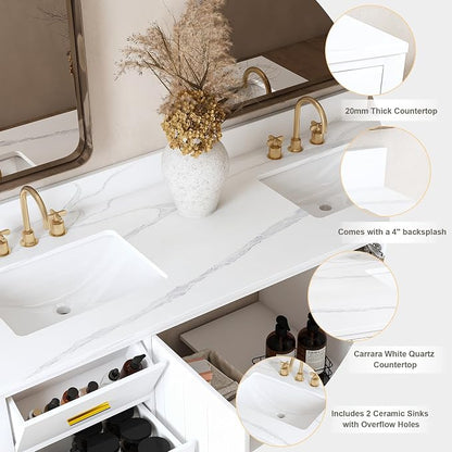 60 Inch Bathroom Vanity with Double Sink&Countertop,Carrara White Quartz Counter Top with Sink&Backsplash,White Bathroom Cabinet Set with 2 Doors and 9 Drawer(Three Holes)