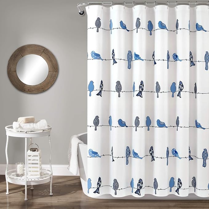 Lush Decor Rowley Birds Shower Curtain, 72” W x 72” L, Navy - Colorful Floral Bird Pattern - Whimsical & Playful Bird Shower Curtain - Farmhouse, Coastal, & Boho Bathroom Decor (Pack of 6)