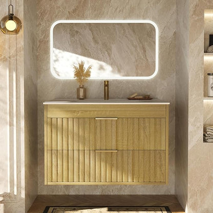 30" Bathroom Vanity with Sink, Floating Bathroom Vanity with 2 Fluted Drawers & Metal Handle, Wall Mounted Cabinets with Integrated Ceramic Sink for Apartment, Home, Wood Grain