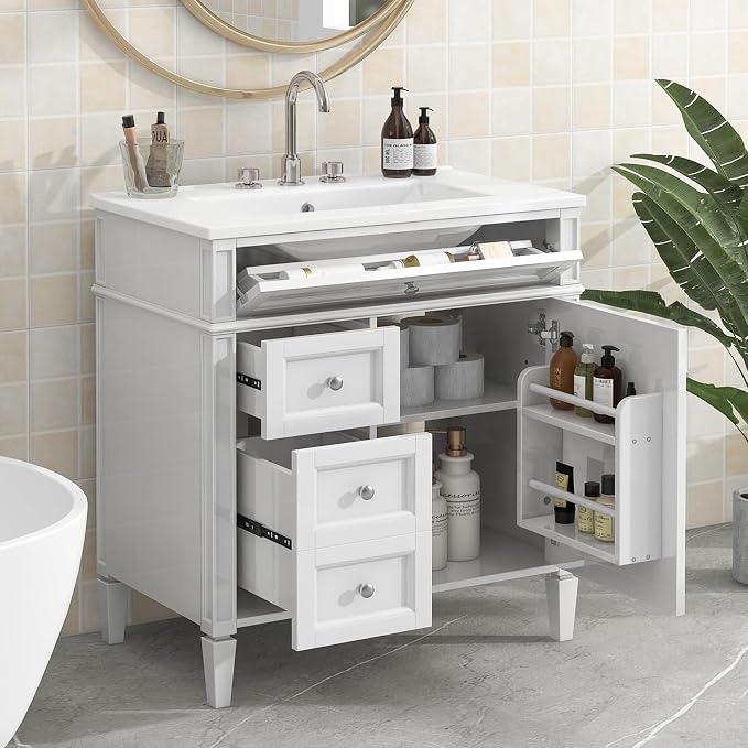 Merax 30 inch Bathroom Vanity with Ceramic Sink, Solid Wood Frame Modern Bathroom Sink Storage Cabinet with 2 Drawers and a Tip-Out Drawer, Single Sink Bathroom Vanities, White