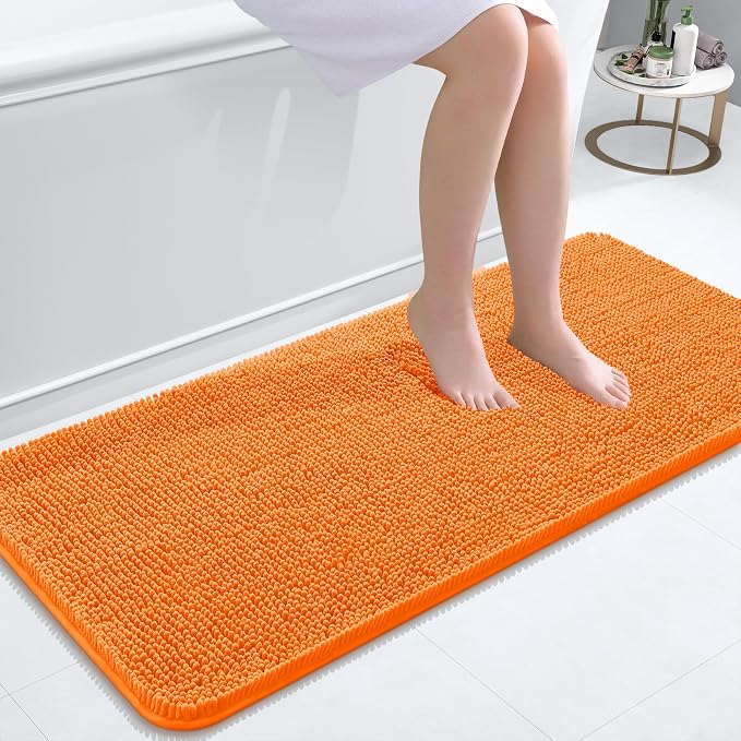 OLANLY Bathroom Runner Rugs 47x20, Extra Soft Absorbent Chenille Bath Rugs | Orange, Quick-Drying Rubber Backing, Washable Long Bath Mat for Bathroom Floor, Tub and Shower, Home Decor Accessories