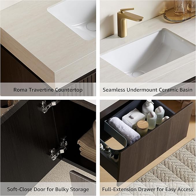 30” Floating Bathroom Vanity with Sink, Wall-Mounted Cabinet with Drawer & Doors, Roma Travertine-Pattern Countertop, Undermount Basin, Single Faucet Hole, Soft-Close, Pre-Assembled, Dark Oak