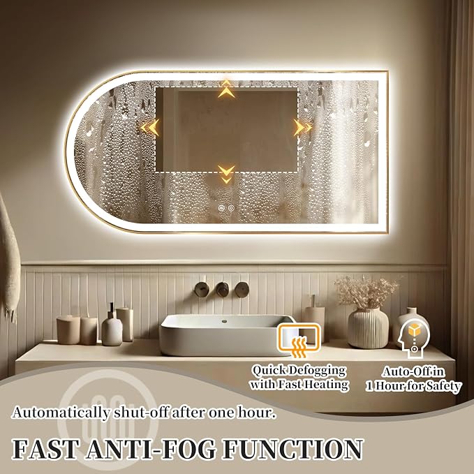 Arched LED Bathroom Mirror, 48"x24" Arch Backlit Vanity Mirror with Lights, Frontlit, Dimmable, 3 Colors, Memory Function, Anti-Fog Smart Mirror, Gold Frame, Shatterproof, Horizontal-Right