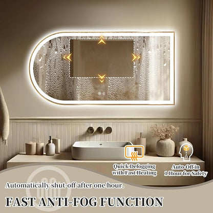 Arched LED Bathroom Mirror, 48"x24" Arch Backlit Vanity Mirror with Lights, Frontlit, Dimmable, 3 Colors, Memory Function, Anti-Fog Smart Mirror, Gold Frame, Shatterproof, Horizontal-Right