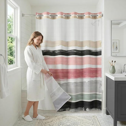 Americanflat 72x75 Hookless Shower Curtain - Water-Resistant Stripe Shower Curtain with Sheer Panel, Snap-In Liner, and Grommets - 100% Polyester - Blush Pink, Black, Sage Green, White, Grey and Cream