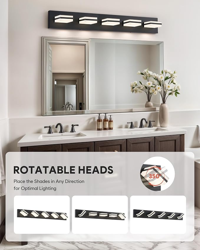 VONLUCE LED Modern Bathroom Vanity Light Fixture, Matte Black | 34'', 5-Light, 3CCT, 360° Rotate, High CRI, Flicker-free, Dimmable, Memory Function, Waterproof IP44, Easy Installation