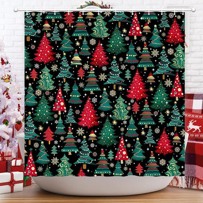 Shower Curtain Christmas, Holiday Shower Curtain Red Green Christmas Tree Snowflake ShowerCurtain Sets Waterproof Polyester Fabric Machine Washable Home Farmhouse Decor Bathroom Curtains