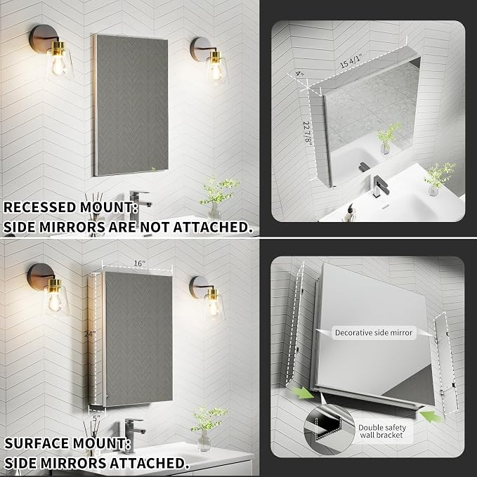 16x24 Inch Recessed Medicine Cabinet with Mirror, Aluminum Medicine Cabinet Mirror, Recessed or Surface Mount with 2 Adjustable Shelves Storage Organizer, Pre-Assembled Door, Soft-Closed System