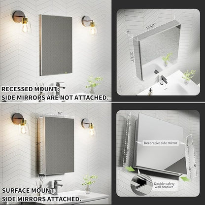 16x24 Inch Recessed Medicine Cabinet with Mirror, Aluminum Medicine Cabinet Mirror, Recessed or Surface Mount with 2 Adjustable Shelves Storage Organizer, Pre-Assembled Door, Soft-Closed System