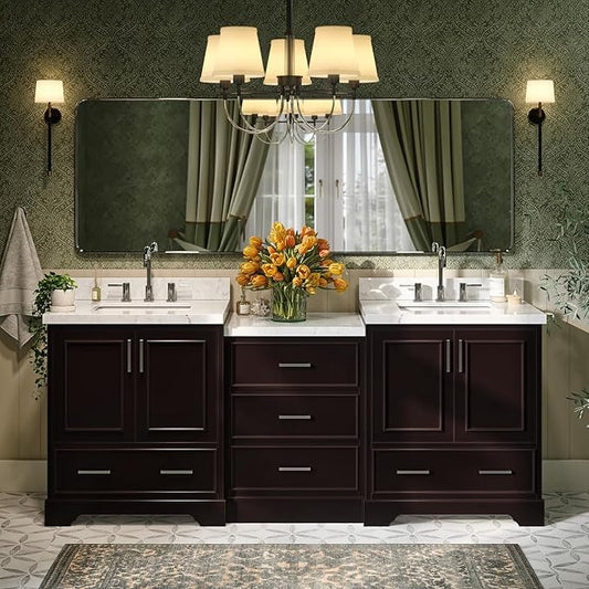 ARIEL Stafford 84-inch Bathroom Vanity with Sink,Solid Wood, 1.5in Carrara White Quartz Countertop, Double Rectangular Porcelain Sink, 4 Soft Closing Doors, 5 Dovetail Drawers, Espresso