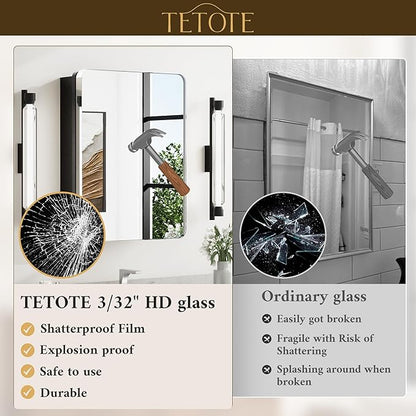 TETOTE 24 X 32 Medicine Cabinet Mirror Polished Chrome Stainless Steel Framed Bathroom Mirror Cabinet with Adjustable Shelves Recessed Mounted/Surface Mounted Medicine Cabinet with Mirror