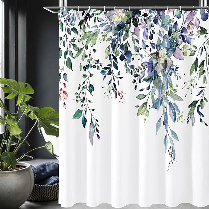 Green Eucalyptus Shower Curtain, Watercolor Floral Print, 72x78 | Watercolor Plant Leaves Floral Print, Long Waterproof Fabric Bathroom Decor, Machine Washable, Rustproof Grommets